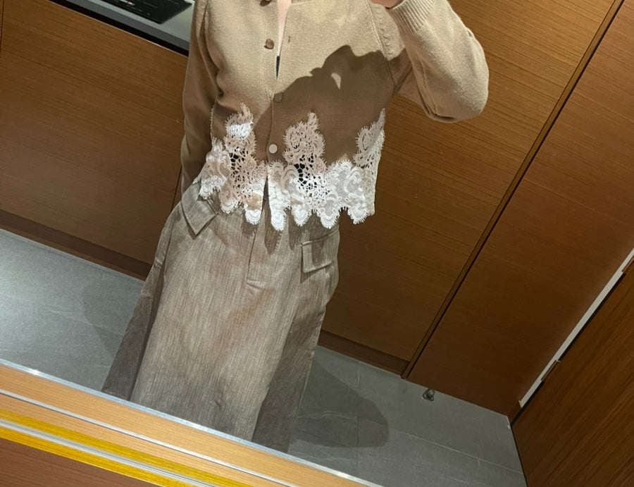 🧶 [레이스 포인트] 배색 레이스 울 니트 가디건 | Contrast Lace Wool Knit Cardigan