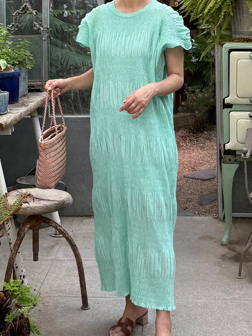 🌿 플리츠 스모그 이세 면 플리츠 롱 원피스 │ Issey Smocked Cotton Pleated Maxi Dress · 캡소매 · 체형커버 · 휴양지원피스 · 내추럴무드 · 55~77반 추천