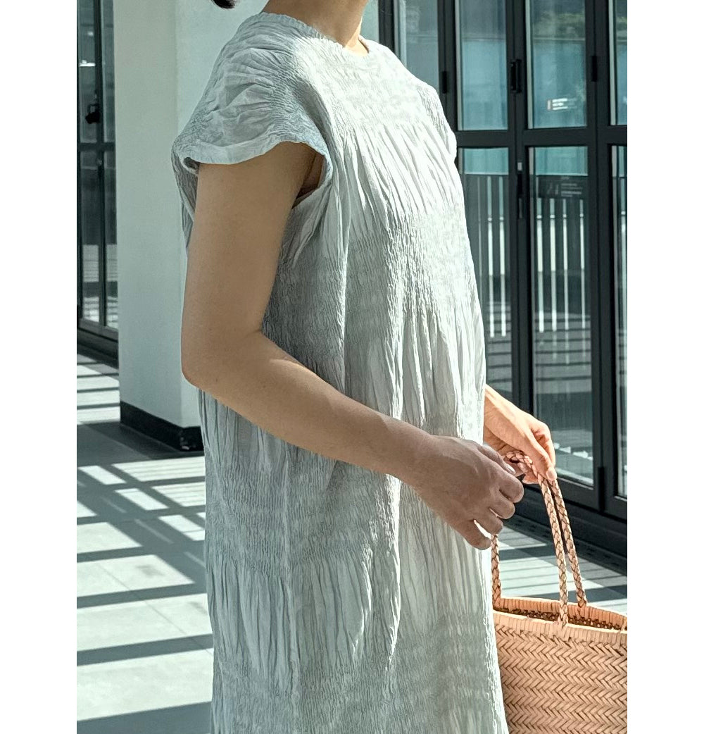 🌿 플리츠 스모그 이세 면 플리츠 롱 원피스 │ Issey Smocked Cotton Pleated Maxi Dress · 캡소매 · 체형커버 · 휴양지원피스 · 내추럴무드 · 55~77반 추천