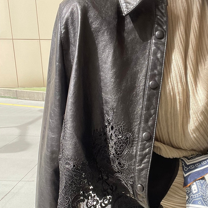 [프리미엄 고가 라인]🖤 청담동 며느리룩[PREMIUM] 100% 리얼 양가죽 레이스 셔츠 자켓 | Premium Lambskin Lace Shirt Jacket