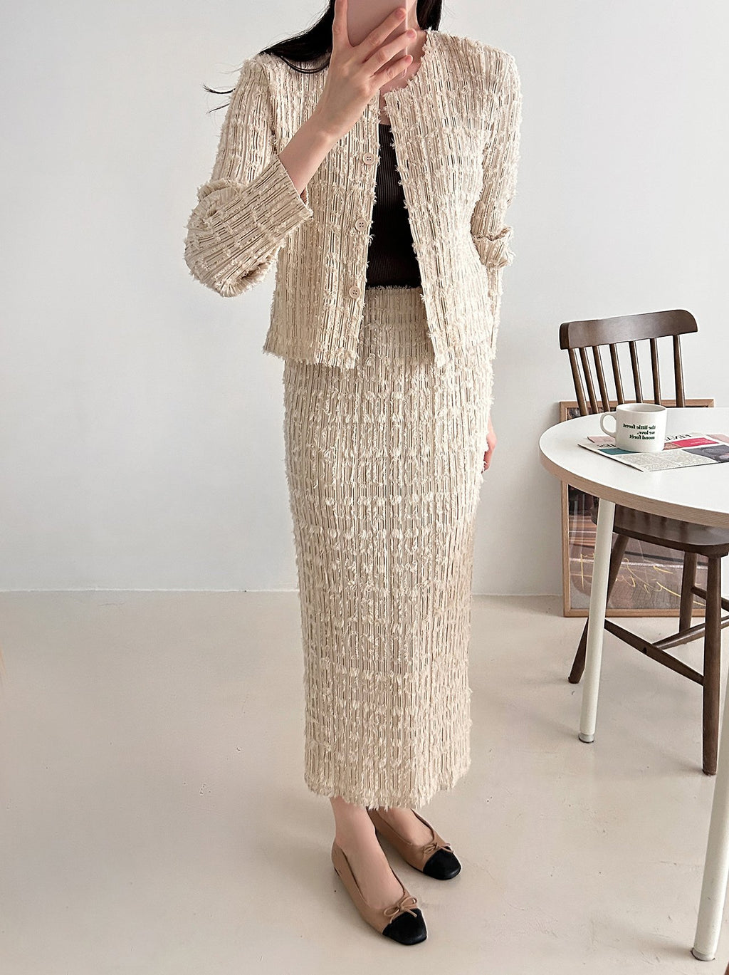 ✨ [플리츠트위드] 고급스러운 텍스처, 플리츠 트위드 자켓 & 스커트 세트 | Pleated Tweed Jacket & Skirt Set