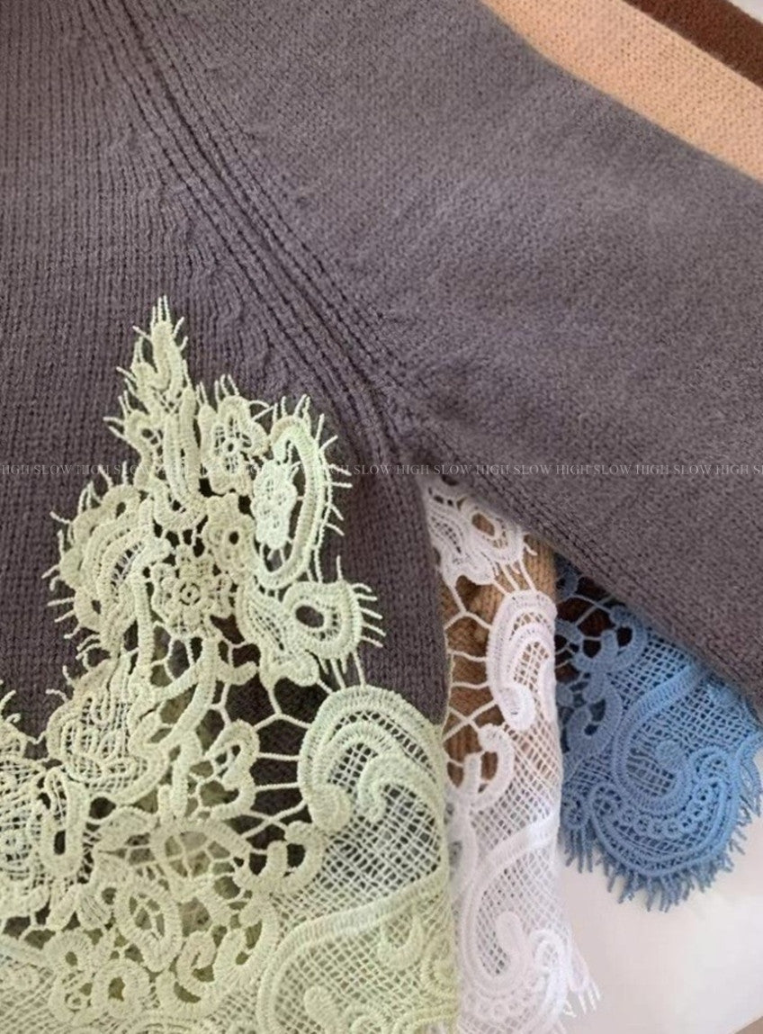 🧶 [레이스 포인트] 배색 레이스 울 니트 가디건 | Contrast Lace Wool Knit Cardigan