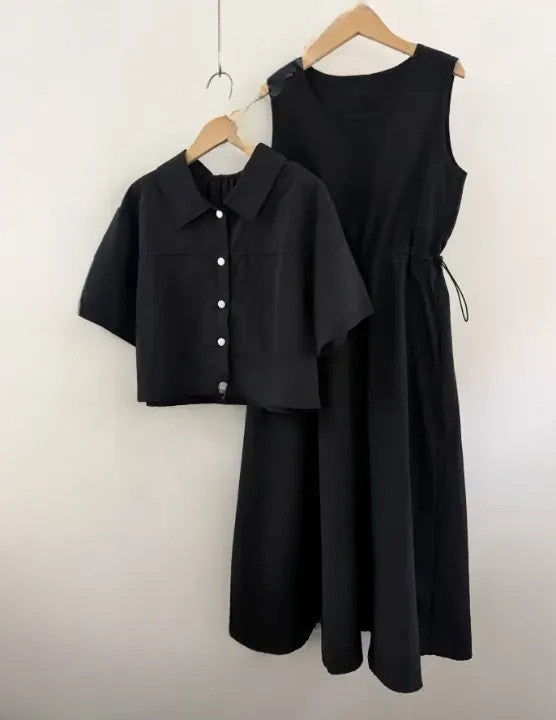🧸[66반까지 가능] 안나 바스락 원피스 & 크롭자켓 세트 · 투웨이 착용 · 체형커버 · 여름 교회룩 · 데일리룩 | Anna Dress & Jacket Set