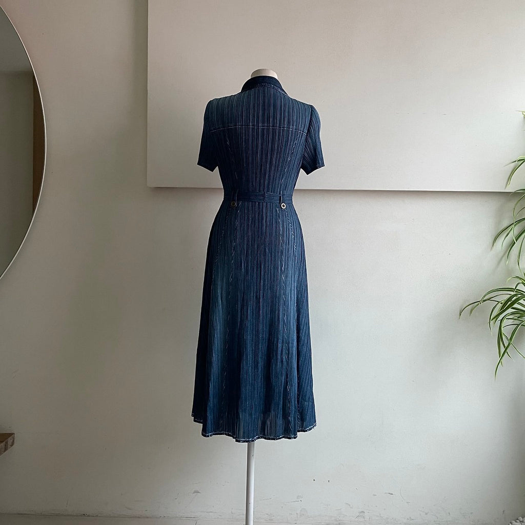 ✨ [44-66반까지예뻐요] 청 플리츠👗 데님 워싱 플리츠 카라 벨트 롱 원피스 | Denim Wash Pleated Collared Belted Long Dress ✨