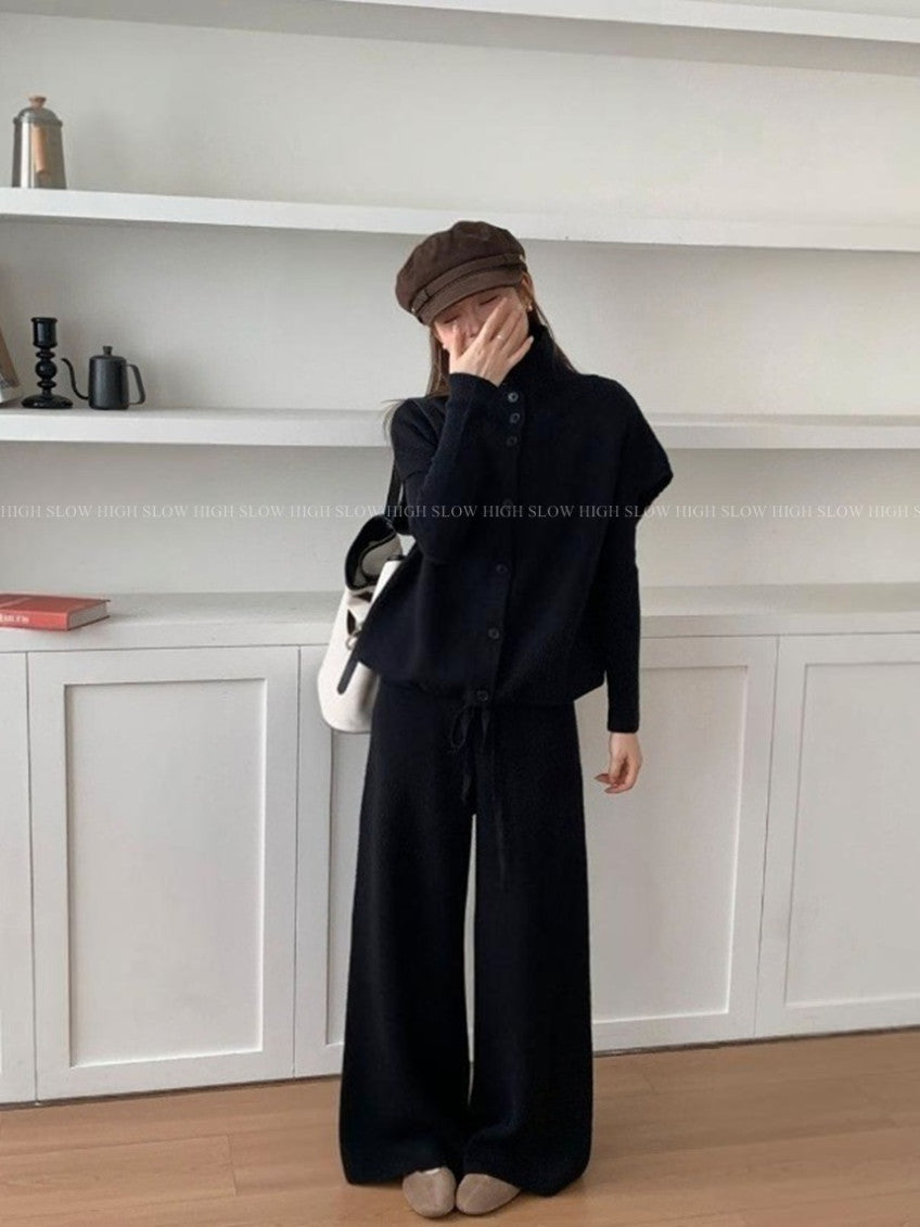 🧶 터틀하이넥 니트 베스트 & 와이드 팬츠 세트 | Turtleneck Knit Vest & Wide Pants Set