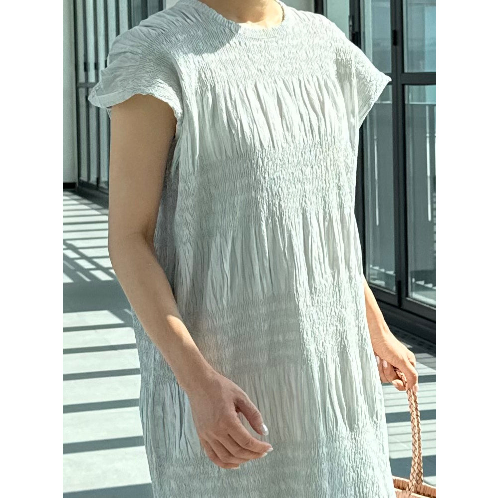🌿 플리츠 스모그 이세 면 플리츠 롱 원피스 │ Issey Smocked Cotton Pleated Maxi Dress · 캡소매 · 체형커버 · 휴양지원피스 · 내추럴무드 · 55~77반 추천
