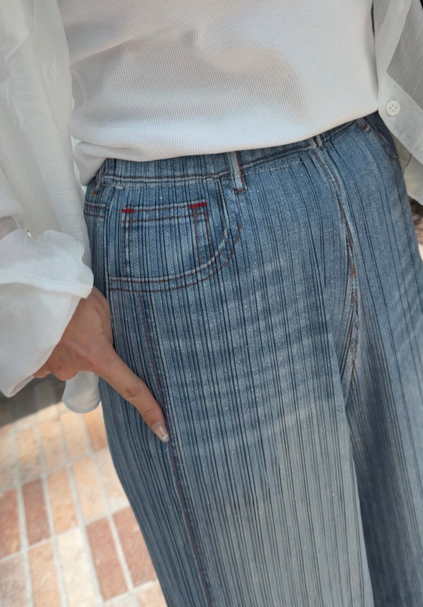 👖💙 [77-88가능] 여름엔 청바지 말고 청플리츠! 한국생산 아이스 데님 플리츠 와이드 팬츠 💙👖 체형커버 밴딩팬츠 · 시원한 여름팬츠 · 데님룩 플리츠팬츠 | Made in Korea Ice Denim Pleated Wide Pants ✨