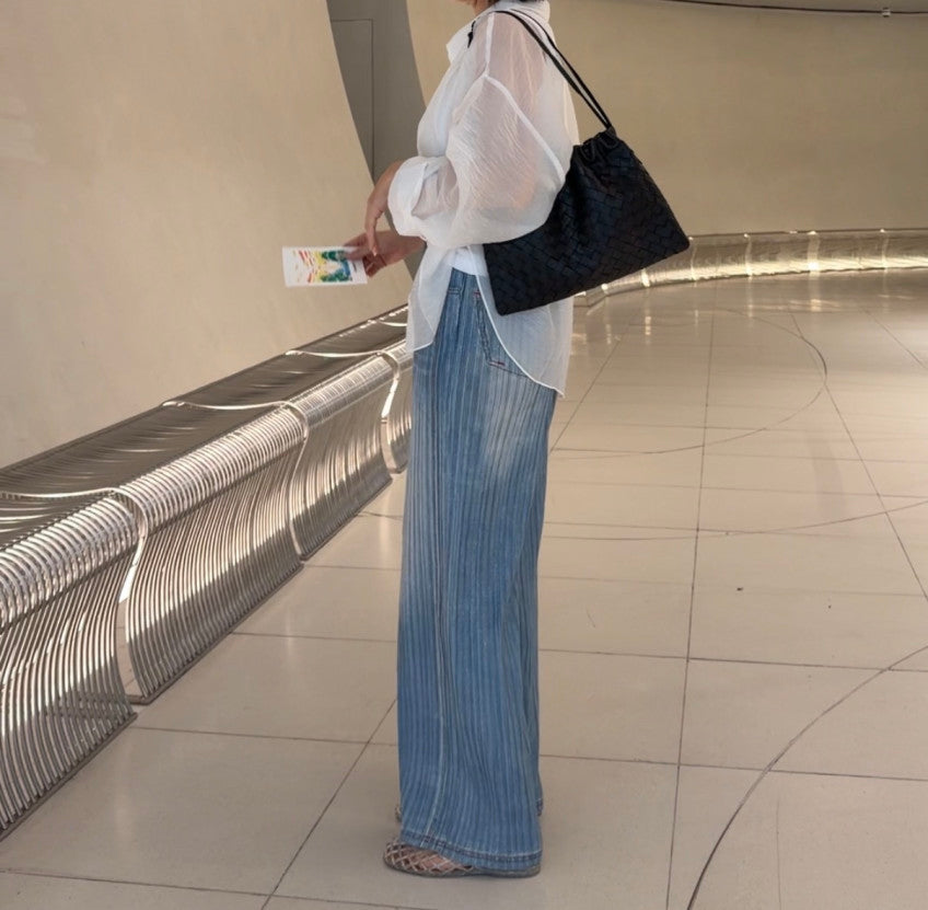👖💙 [77-88가능] 여름엔 청바지 말고 청플리츠! 한국생산 아이스 데님 플리츠 와이드 팬츠 💙👖 체형커버 밴딩팬츠 · 시원한 여름팬츠 · 데님룩 플리츠팬츠 | Made in Korea Ice Denim Pleated Wide Pants ✨