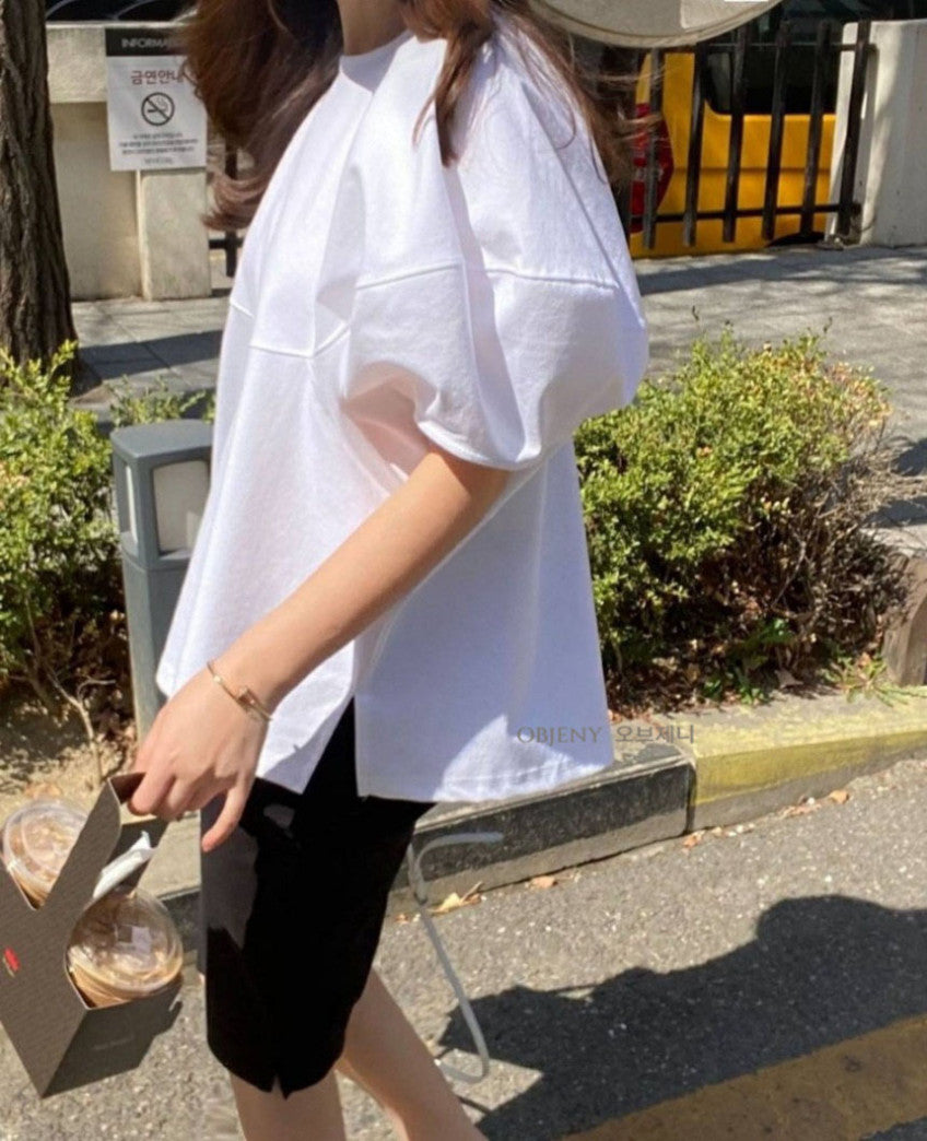 💕✨ [77사이즈 가능] 노리타 볼륨 퍼프소매 루즈핏 반팔 티셔츠 ✨💕 체형커버 오버핏 티셔츠 · 팔뚝커버 퍼프소매 · 데일리룩 출근룩 추천 | Puff Sleeve Relaxed Fit T-Shirt ✨ Body-Flattering Oversized Tee