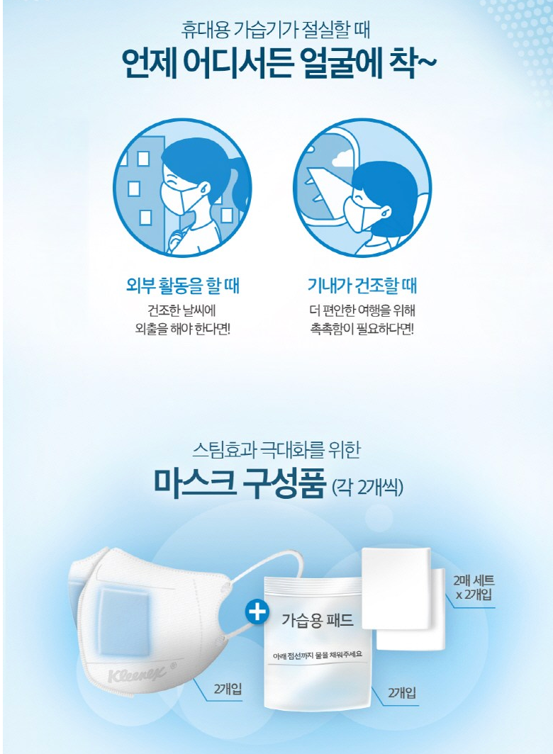 🇰🇷🛫크리넥스 가습촉촉 마스크 성인용 1팩(2매입) — 건조한 겨울·여행 필수 수분 보습 마스크 / Kleenex Moist-Chest Mask for Adults — Hydrating Breath Mask for Dry Weather & Travel(1 pack-2 pcs)