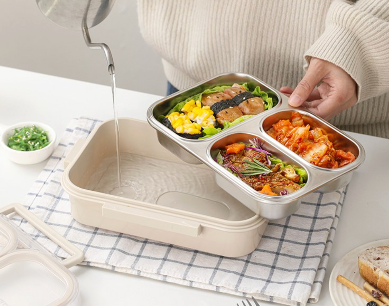 🔥Best🔥[밀폐도시락]새지않아요👍🏻2,3,4단 스텐 런치박스 (베이지) 🍱 – 직장인·소풍·도시락 완벽 세트  SGAKIC 2,3,4-Tier Stainless Lunch Box | Stackable Bento Box for Meal Prep & On-the-Go