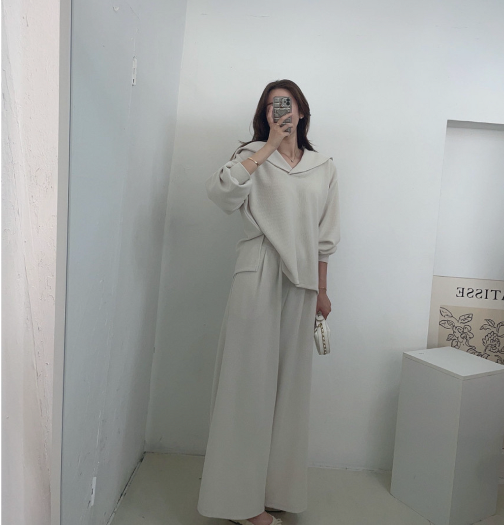 [88가능]러블리 세라 카라 니트 와이드 팬츠 세트 | Lovely Sera Collar Knit Wide Pants Set (3 Colors)