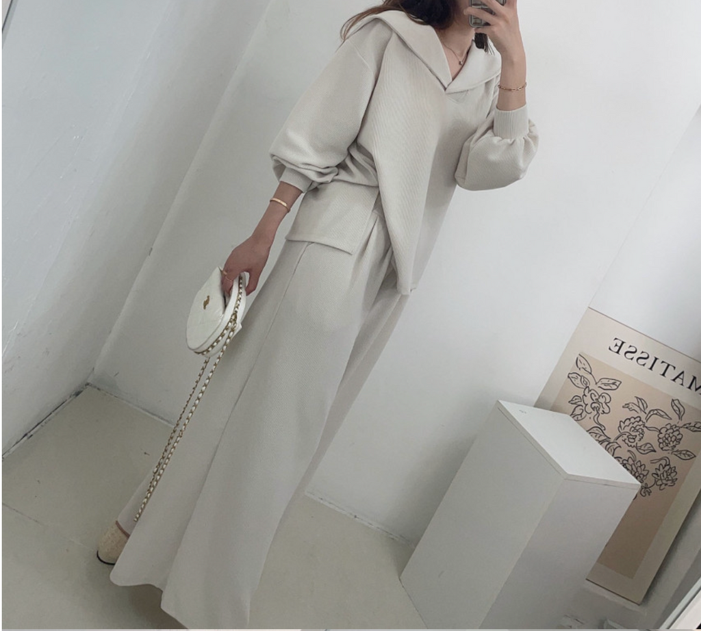 [88가능]러블리 세라 카라 니트 와이드 팬츠 세트 | Lovely Sera Collar Knit Wide Pants Set (3 Colors)