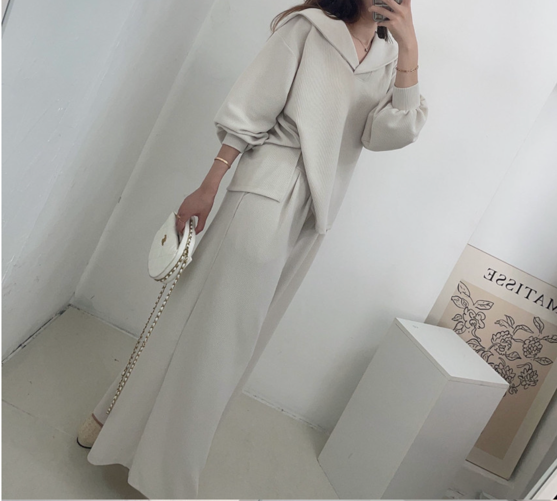 [88가능]러블리 세라 카라 니트 와이드 팬츠 세트 | Lovely Sera Collar Knit Wide Pants Set (3 Colors)