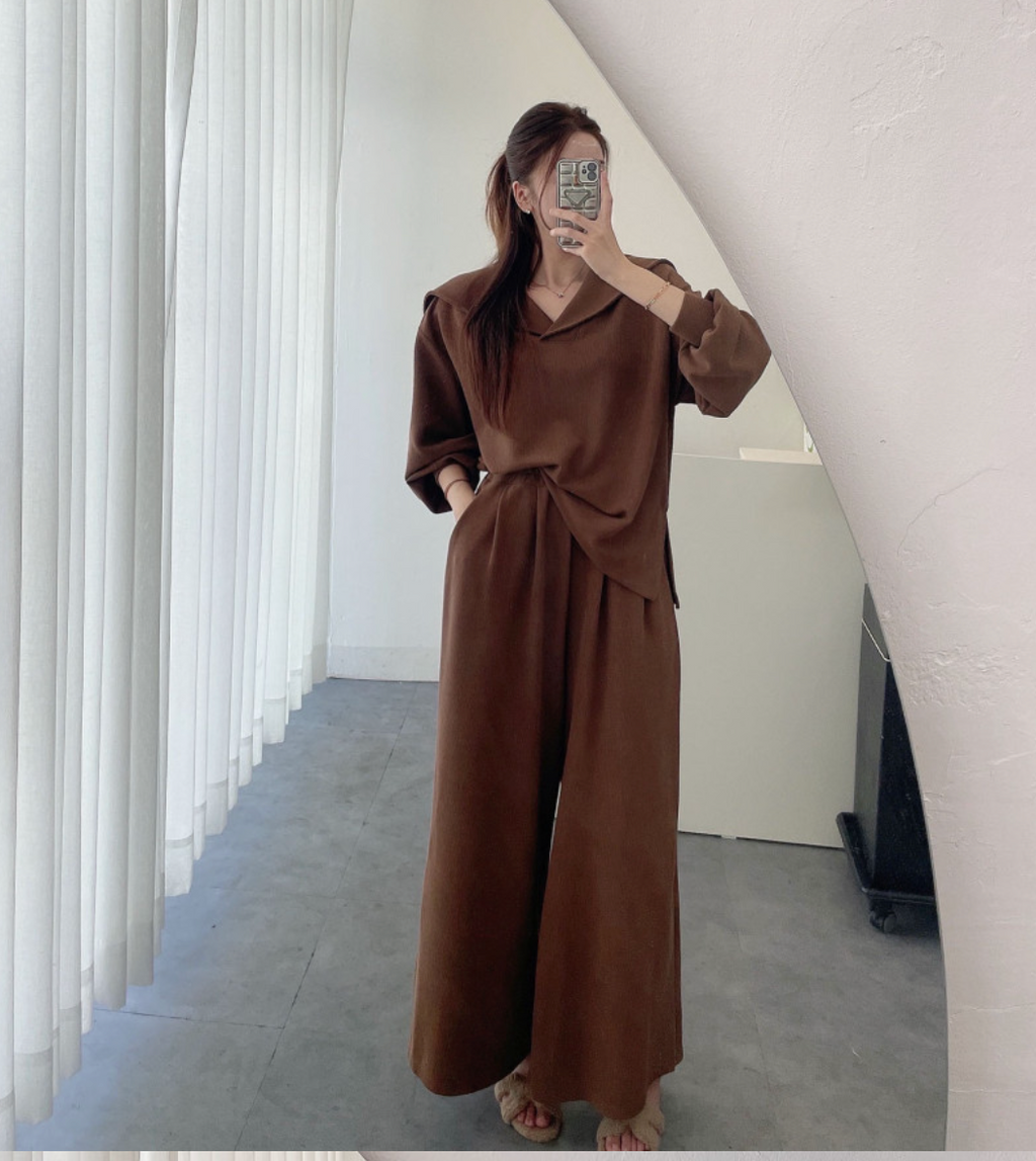 [88가능]러블리 세라 카라 니트 와이드 팬츠 세트 | Lovely Sera Collar Knit Wide Pants Set (3 Colors)