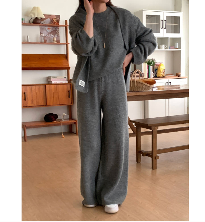 [88가능] 루즈핏 후드 니트+후드 +슬랙스 3pcs 셋업 꾸안꾸 패션| Rohui Hood Knit Slacks Set (3 Colors)