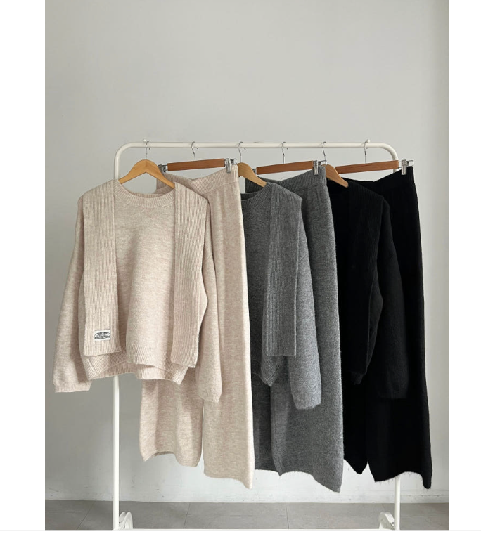 [88가능] 루즈핏 후드 니트+후드 +슬랙스 3pcs 셋업 꾸안꾸 패션| Rohui Hood Knit Slacks Set (3 Colors)