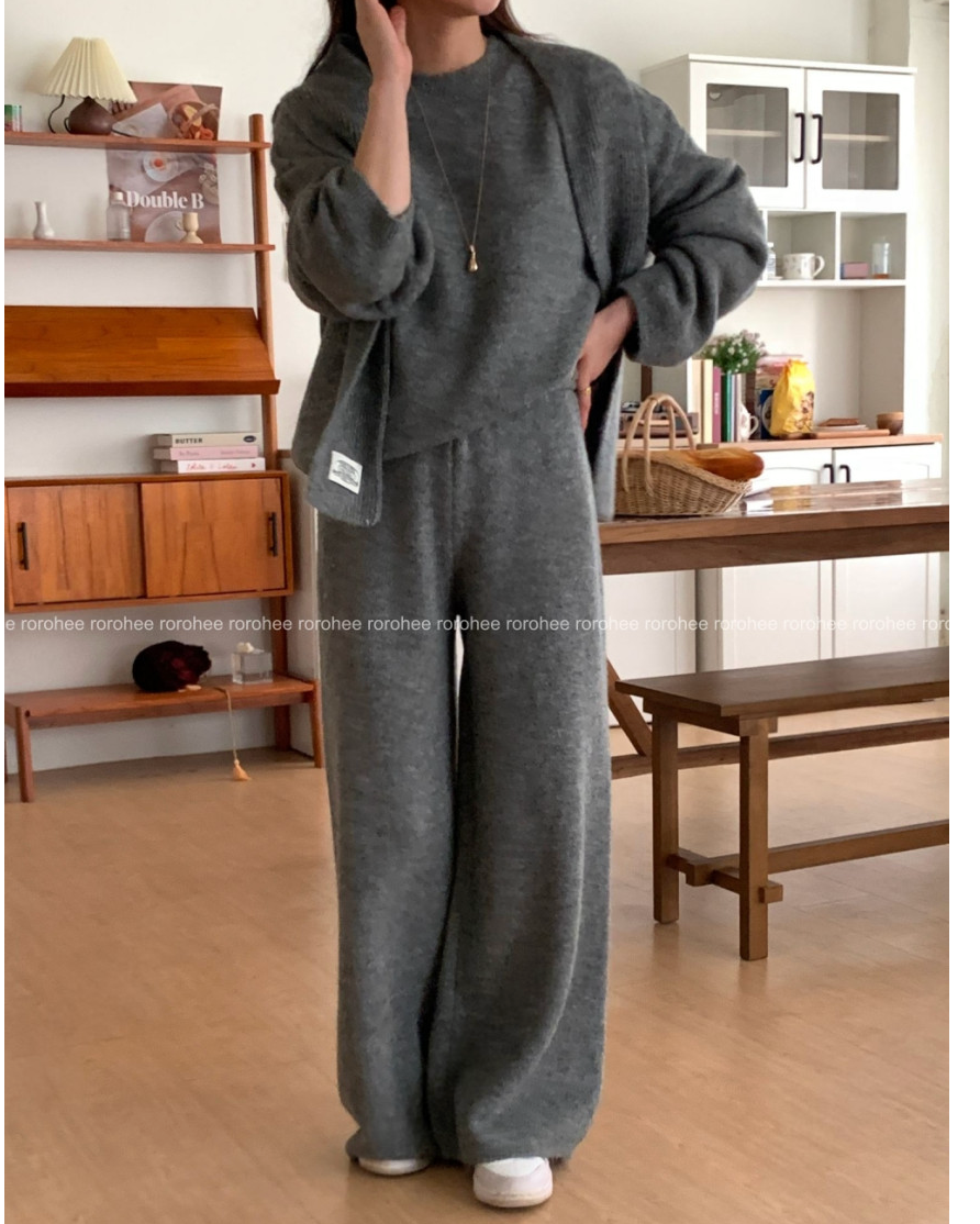 [88가능] 루즈핏 후드 니트+후드 +슬랙스 3pcs 셋업 꾸안꾸 패션| Rohui Hood Knit Slacks Set (3 Colors)