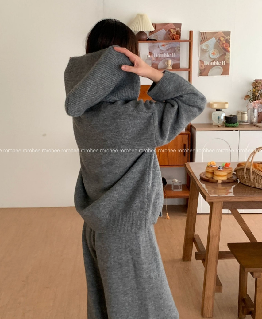 [88가능] 루즈핏 후드 니트+후드 +슬랙스 3pcs 셋업 꾸안꾸 패션| Rohui Hood Knit Slacks Set (3 Colors)
