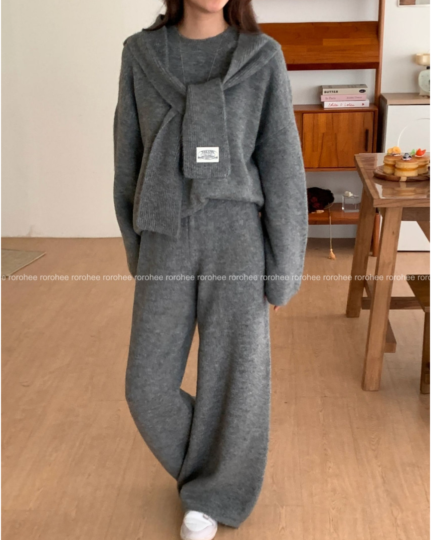 [88가능] 루즈핏 후드 니트+후드 +슬랙스 3pcs 셋업 꾸안꾸 패션| Rohui Hood Knit Slacks Set (3 Colors)