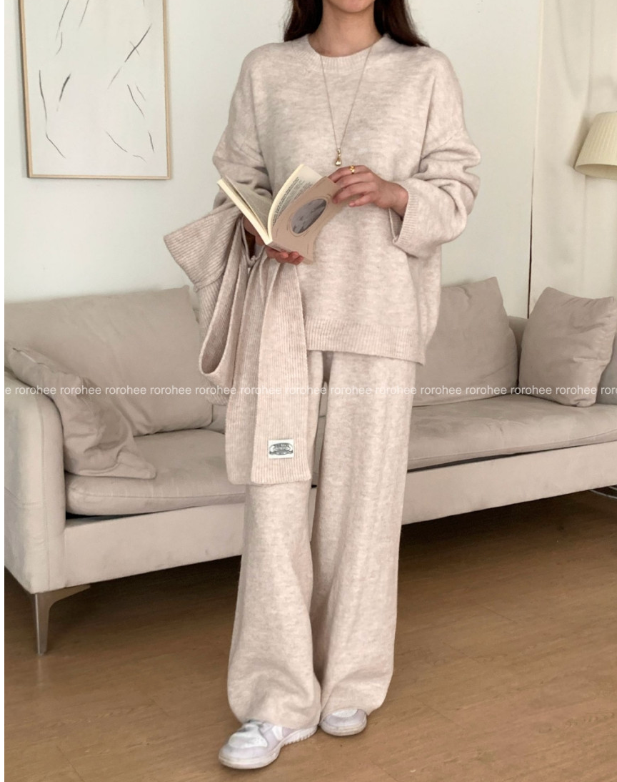 [88가능] 루즈핏 후드 니트+후드 +슬랙스 3pcs 셋업 꾸안꾸 패션| Rohui Hood Knit Slacks Set (3 Colors)