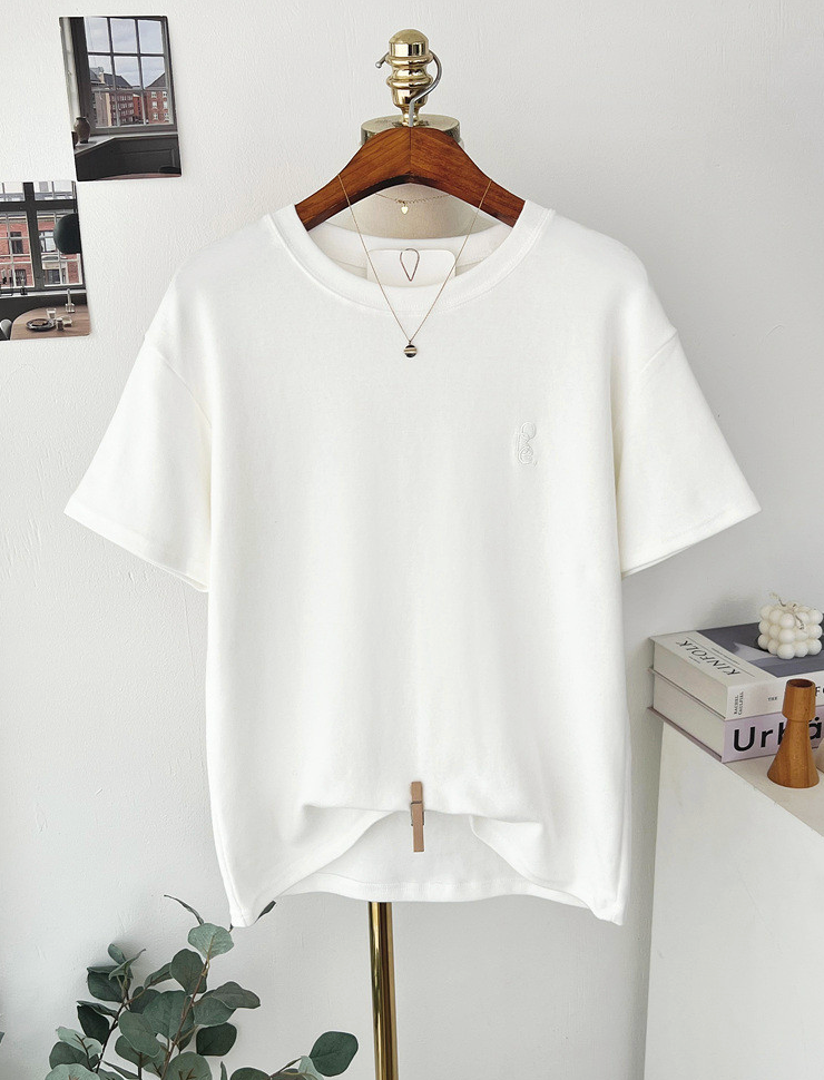 기모반팔티 심플 레터링 자수 여성 반팔 티셔츠 Fleece Embroidered Short-Sleeve T-Shirt