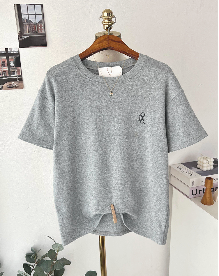 기모반팔티 심플 레터링 자수 여성 반팔 티셔츠 Fleece Embroidered Short-Sleeve T-Shirt