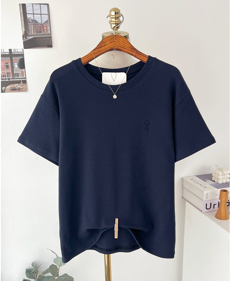 기모반팔티 심플 레터링 자수 여성 반팔 티셔츠 Fleece Embroidered Short-Sleeve T-Shirt