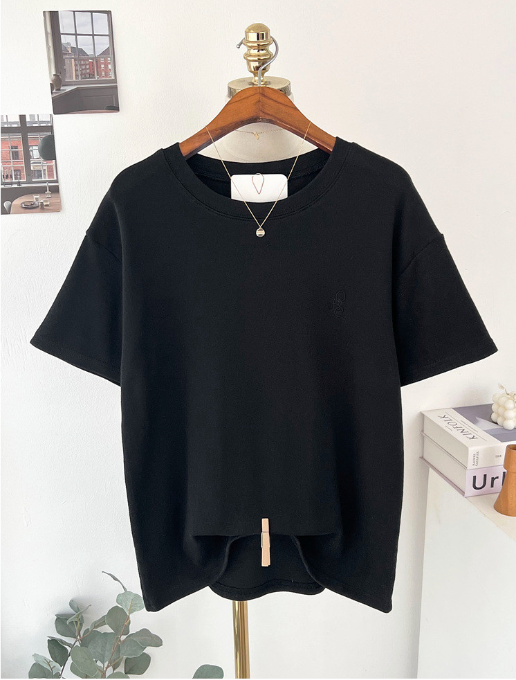 기모반팔티 심플 레터링 자수 여성 반팔 티셔츠 Fleece Embroidered Short-Sleeve T-Shirt