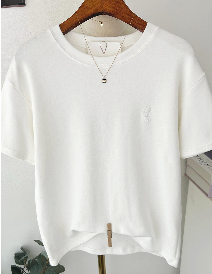 기모반팔티 심플 레터링 자수 여성 반팔 티셔츠 Fleece Embroidered Short-Sleeve T-Shirt