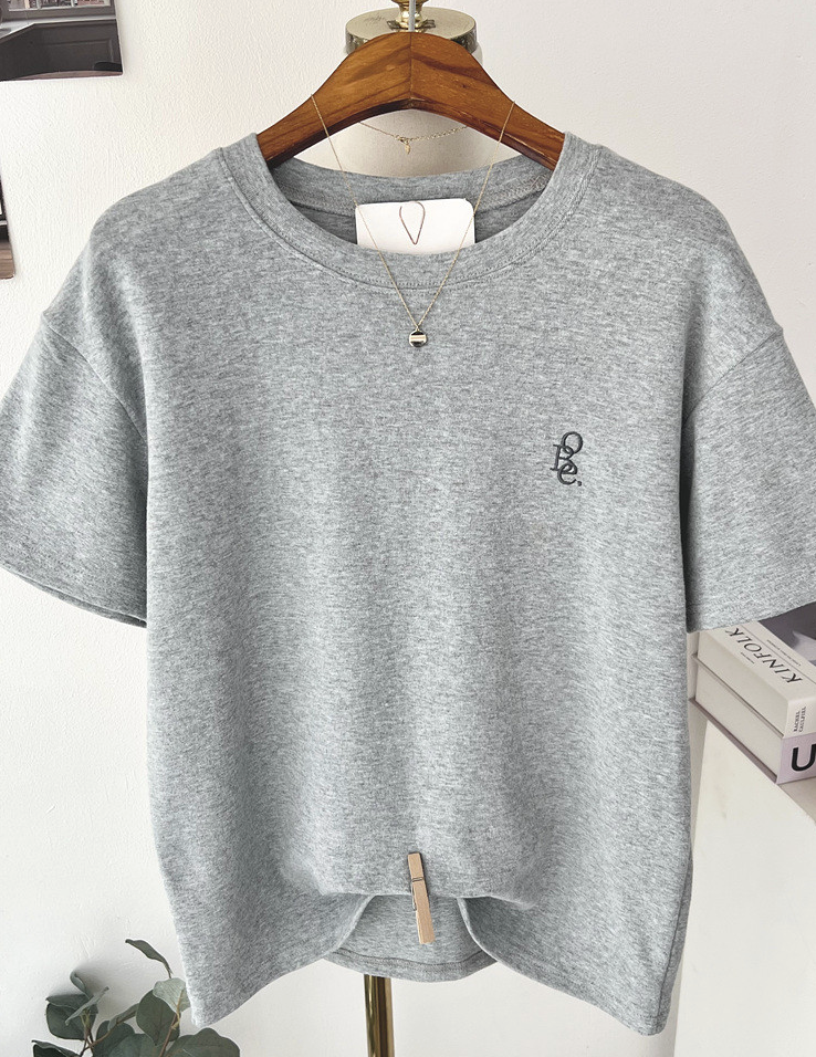 기모반팔티 심플 레터링 자수 여성 반팔 티셔츠 Fleece Embroidered Short-Sleeve T-Shirt