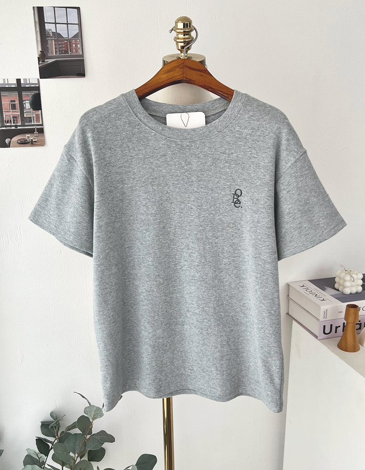 기모반팔티 심플 레터링 자수 여성 반팔 티셔츠 Fleece Embroidered Short-Sleeve T-Shirt