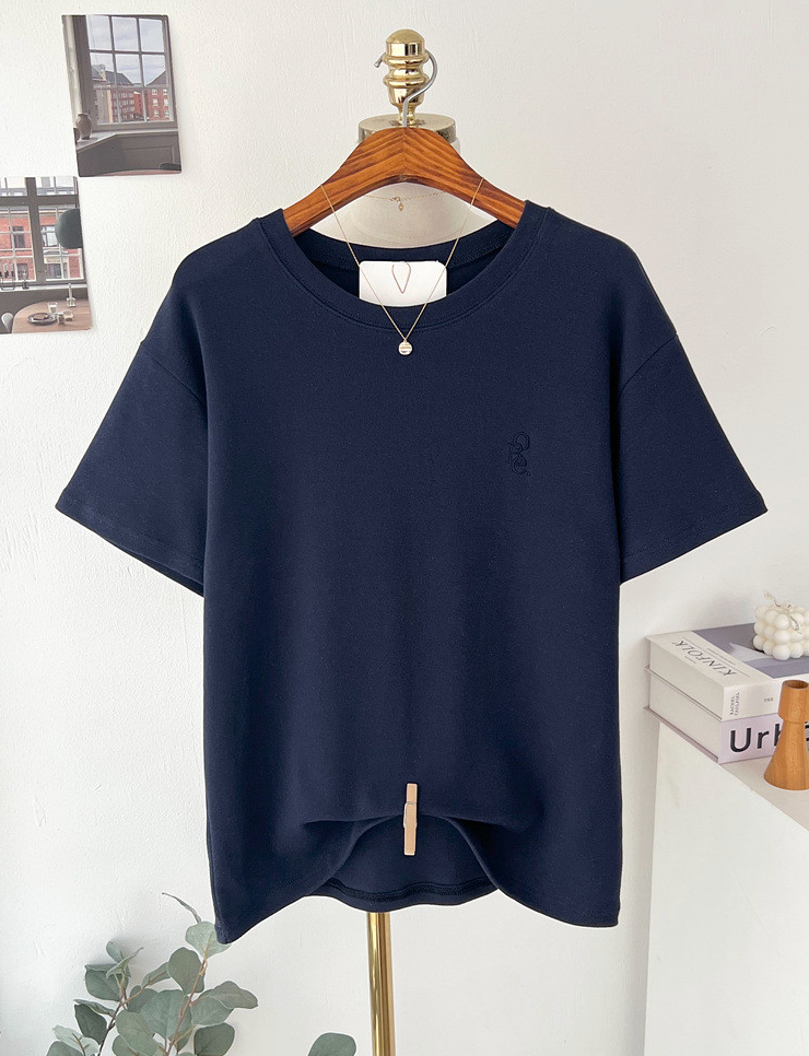 기모반팔티 심플 레터링 자수 여성 반팔 티셔츠 Fleece Embroidered Short-Sleeve T-Shirt