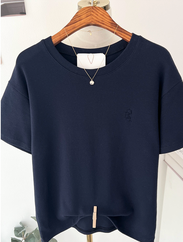 기모반팔티 심플 레터링 자수 여성 반팔 티셔츠 Fleece Embroidered Short-Sleeve T-Shirt