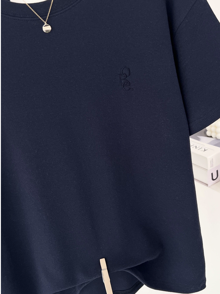 기모반팔티 심플 레터링 자수 여성 반팔 티셔츠 Fleece Embroidered Short-Sleeve T-Shirt