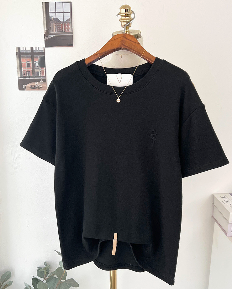 기모반팔티 심플 레터링 자수 여성 반팔 티셔츠 Fleece Embroidered Short-Sleeve T-Shirt