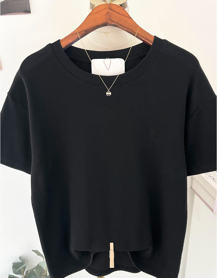 기모반팔티 심플 레터링 자수 여성 반팔 티셔츠 Fleece Embroidered Short-Sleeve T-Shirt