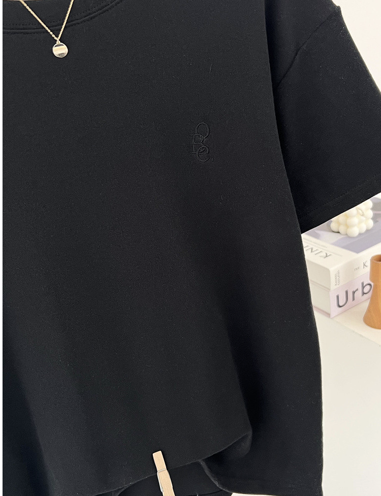 기모반팔티 심플 레터링 자수 여성 반팔 티셔츠 Fleece Embroidered Short-Sleeve T-Shirt