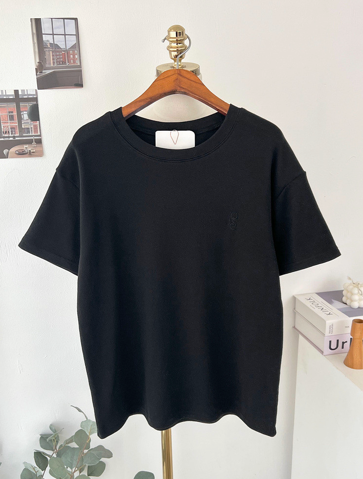 기모반팔티 심플 레터링 자수 여성 반팔 티셔츠 Fleece Embroidered Short-Sleeve T-Shirt