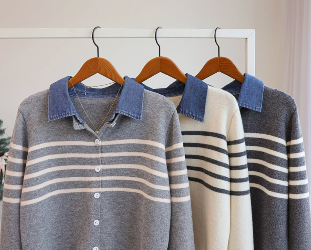 [66까지][푸랑츠]스트라이프 배색 데님 카라 셔츠 레이어드 니트 가디건 |Denim-Collar Layered Knit Cardigan