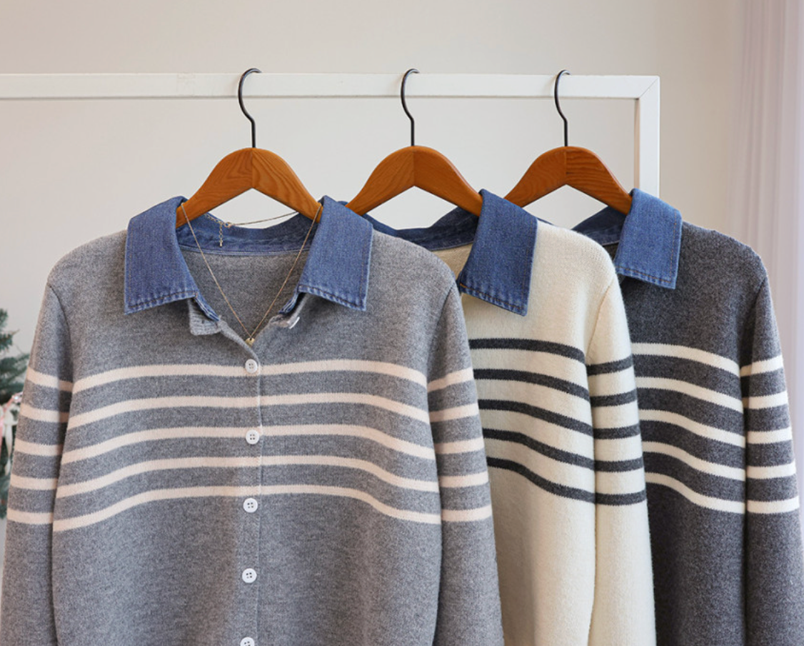 [66까지][푸랑츠]스트라이프 배색 데님 카라 셔츠 레이어드 니트 가디건 |Denim-Collar Layered Knit Cardigan