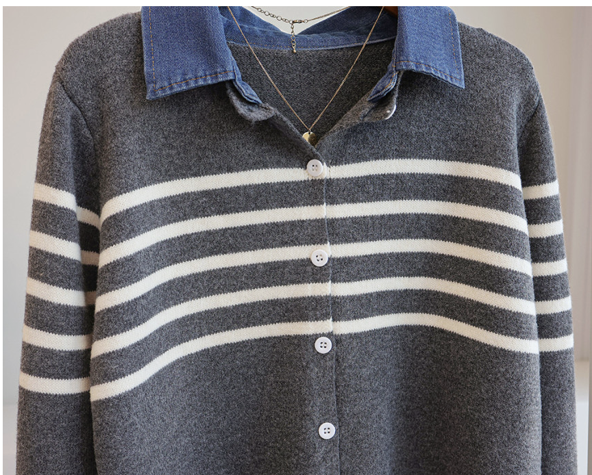 [66까지][푸랑츠]스트라이프 배색 데님 카라 셔츠 레이어드 니트 가디건 |Denim-Collar Layered Knit Cardigan