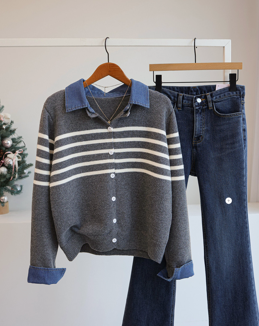 [66까지][푸랑츠]스트라이프 배색 데님 카라 셔츠 레이어드 니트 가디건 |Denim-Collar Layered Knit Cardigan