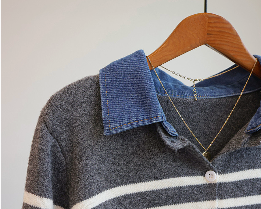 [66까지][푸랑츠]스트라이프 배색 데님 카라 셔츠 레이어드 니트 가디건 |Denim-Collar Layered Knit Cardigan