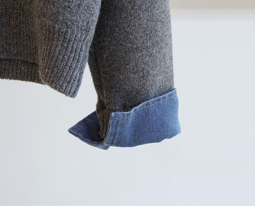 [66까지][푸랑츠]스트라이프 배색 데님 카라 셔츠 레이어드 니트 가디건 |Denim-Collar Layered Knit Cardigan