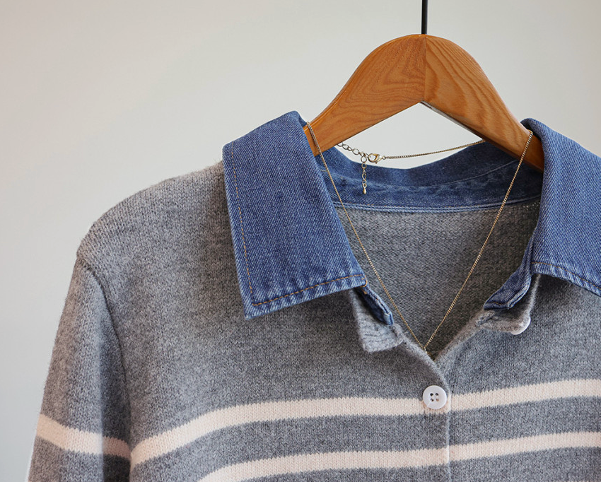 [66까지][푸랑츠]스트라이프 배색 데님 카라 셔츠 레이어드 니트 가디건 |Denim-Collar Layered Knit Cardigan