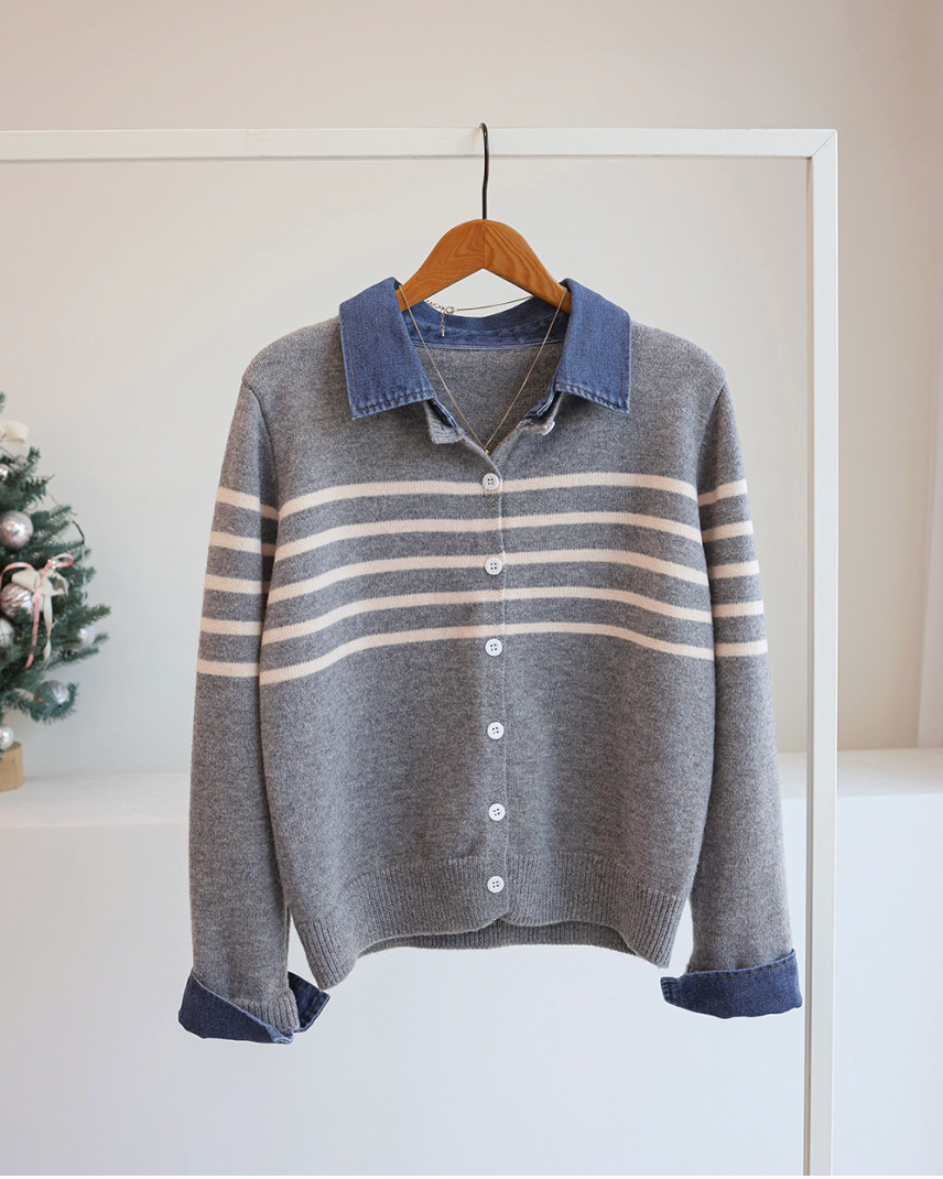 [66까지][푸랑츠]스트라이프 배색 데님 카라 셔츠 레이어드 니트 가디건 |Denim-Collar Layered Knit Cardigan