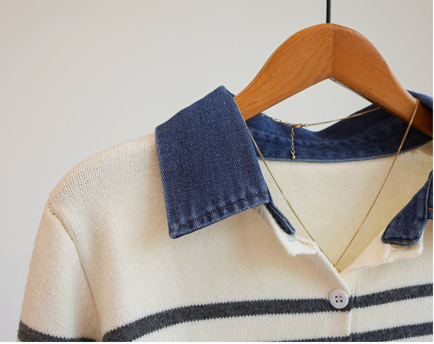 [66까지][푸랑츠]스트라이프 배색 데님 카라 셔츠 레이어드 니트 가디건 |Denim-Collar Layered Knit Cardigan