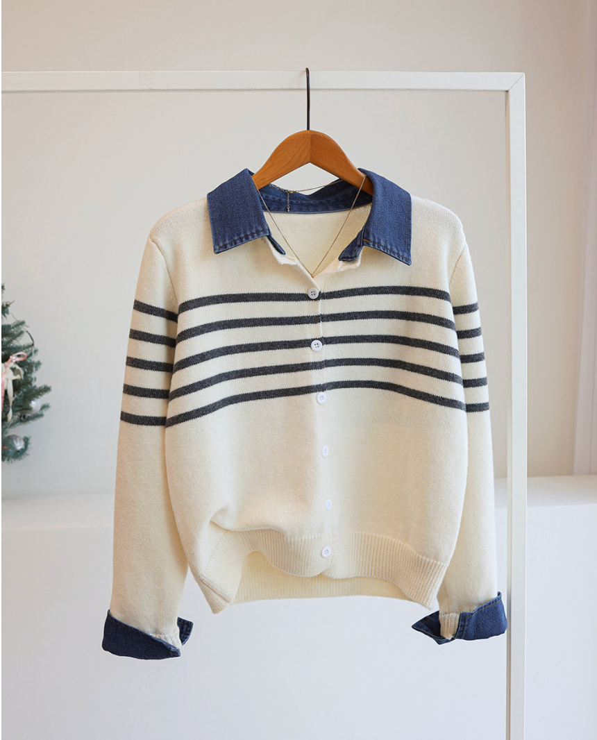 [66까지][푸랑츠]스트라이프 배색 데님 카라 셔츠 레이어드 니트 가디건 |Denim-Collar Layered Knit Cardigan