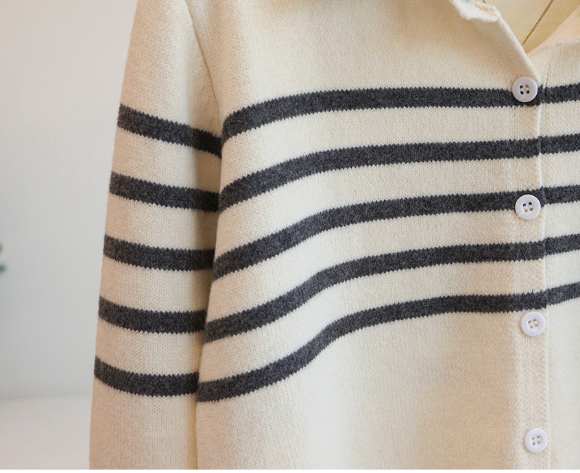 [66까지][푸랑츠]스트라이프 배색 데님 카라 셔츠 레이어드 니트 가디건 |Denim-Collar Layered Knit Cardigan